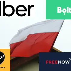 Logo Uber, Bolt, iTaxi i FREE NOW na tle polskiej flagi. Wybór transportu: Bolt czy Uber?