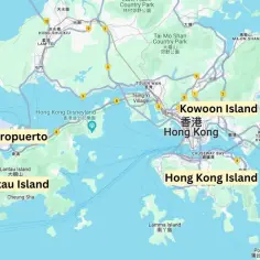 Mapa pokazuje, gdzie jest Hong Kong, z zaznaczonymi wyspami Lantau, Kowloon i Hong Kong Island, a także lotniskiem.