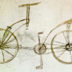 Szkic roweru z pedałami i łańcuchem, być może odpowiedź na pytanie, kto wynalazł rower.