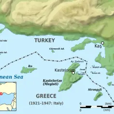 Mapa pokazuje wybrzeże Turcji i Grecji na Morzu Śródziemnym. Odpowiedź na pytanie: czy w Turcji jest ocean? - nie, ale jest morze.