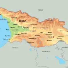 Mapa polityczna Gruzji z zaznaczonymi miastami i sąsiadującymi krajami: Rosją, Turcją, Armenią i Azerbejdżanem. Gdzie leży Gruzja? Na Kaukazie, nad Morzem Czarnym.