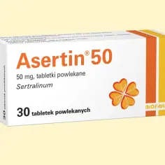 Opakowanie leku Asertin 50 mg, zawierające 30 tabletek powlekanych z sertraliną.