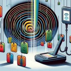 Kolorowe tagi RFID wiszą na tle wirującej spirali. Czytnik RFID i smartfon symbolizują nowoczesną technologię identyfikacji.