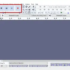 Przyciski sterowania odtwarzaniem w programie Audacity po polsku: pauza, odtwórz, stop, przewiń do tyłu, przewiń do przodu, nagraj.