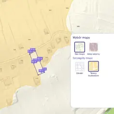Mapa z zaznaczoną działką budowlaną i wymiarami. Okno "Wybór mapy" pozwala sprawdzić działkę budowlaną.