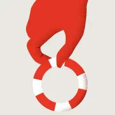 Czerwona dłoń trzyma koło ratunkowe. Symbolizuje to pomoc i wsparcie w trudnych sytuacjach, takich jak odprawy dla zwalnianych pracowników, zwolnienia grupowe i zasady z nimi związane.