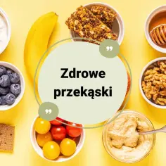 Zdrowe przekąski: jogurt, owoce, orzechy, warzywa, batoniki musli, miód, wafle ryżowe, suszone morele, pomidorki.