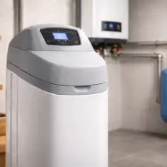 Nowoczesny zmiękczacz wody w pomieszczeniu technicznym z bojlerem i niebieskim zbiornikiem.