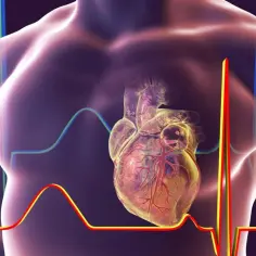 Anatomia serca człowieka z widocznymi naczyniami krwionośnymi, na tle wykresów EKG.