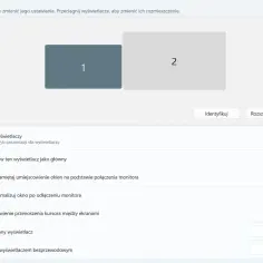 Ustawienia wyświetlania: jak przenieść obraz z laptopa na monitor. Widok dwóch ekranów, jeden główny (1) i drugi (2).