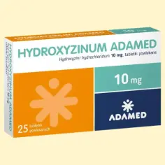 Opakowanie leku Hydroxyzine Adamed 10 mg, zawierające 25 tabletek powlekanych. Pomaga w łagodzeniu objawów alergii.