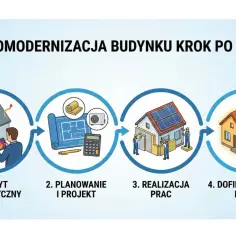 Proces termomodernizacji budynku: audyt, planowanie, realizacja prac i uzyskanie dofinansowania.