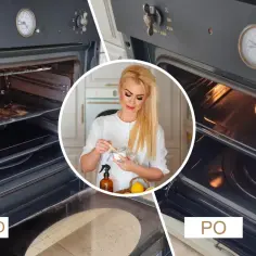 Przed i po: jak wyczyścić przypalony piekarnik bez użycia agresywnej chemii i zapachu amoniaku. Kobieta pokazuje sodę oczyszczoną i cytrynę.