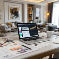 Laptop z wykresem, próbki kolorów, kalkulator i notatki na biurku. Zastanawiasz się, ile zarabia architekt w Polsce?