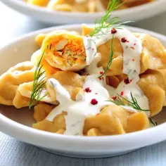 Pyszny obiad na piątek: pierogi z farszem, polane sosem śmietanowym, posypane koperkiem i pieprzem.