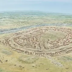 Wizualizacja osady z różnych epok, z domami i polami uprawnymi.