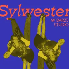 Sylwester w Teatrze Warszawa: pary tańczące w powietrzu, wesołe miny, neonowy napis.