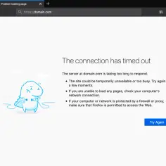 Strona domain.com nie odpowiada, wystąpił błąd **err_connection_timed_out**. Dinoszaur z słuchawkami symbolizuje problem z połączeniem.