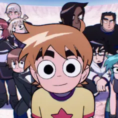 Scott Pilgrim zaskakuje! Grupa przyjaciół o wielkich oczach i charakterystycznych fryzurach patrzy w stronę widza, tworząc dynamiczną scenę.