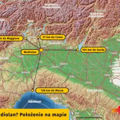 Gdzie leży Mediolan? Na mapie widać, że jest blisko jezior Maggiore (52 km) i Como (37 km), a także 120 km od morza.