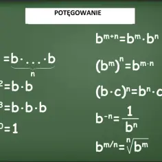 Podstawowe wzory na potęgowanie: bⁿ = b⋅...⋅b (n razy), b⁰=1, b⁻ⁿ=1/bⁿ, (bᵐ)ⁿ=bᵐⁿ.