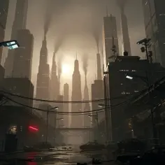Mroczne, zanieczyszczone miasto z wysokimi budynkami i dymiącymi kominami. Ulice są puste, z porzuconymi samochodami i drutem kolczastym. To obraz dystopii.