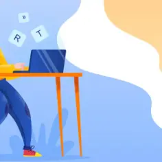 Chłopak siedzi przy biurku, pisząc na laptopie. Litery "R", "T" i "»" unoszą się w powietrzu, jakby poza jego zasięgiem.