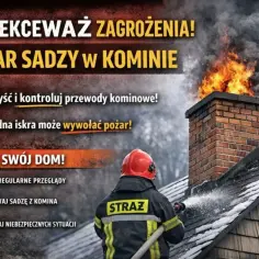 Strażak walczy z ogniem wydobywającym się z komina. Czy iskry z komina to normalne? Nie, to pożar sadzy! Dbaj o czystość przewodów.