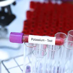 Probówka z oznaczeniem "Potassium - Test" w stojaku, gotowa do analizy pod kątem hipokaliemii. W tle mikroskop i inne probówki.