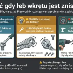 Jak odkręcić zniszczony łeb śruby? Infografika pokazuje metody: nacięcie rowka szlifierką, użycie szczypiec lub klucza, a także wykrętaki z lewym gwintem.