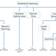 Drzewo genealogiczne przedstawiające rozbicie dzielnicowe Polski po śmierci Bolesława Krzywoustego i podział władzy między jego synów.