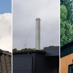 Trzy różne kominy: na dachu, wolnostojący i przyścienny.