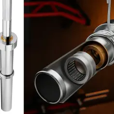 Przekrój gryfa olimpijskiego, ukazujący precyzyjne łożysko i mechanizm mocowania talerzy.