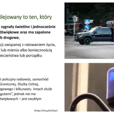 Czarny pojazd uprzywilejowany z włączonymi niebieskimi i czerwonymi sygnałami świetlnymi na drodze.