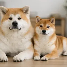 Duży Akita i mały Shiba Inu leżą obok siebie. Czy shiba i akita to to samo? Nie, to dwa różne psy.
