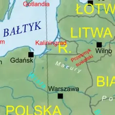 Mapa pokazuje, że Polska graniczy z Litwą i Białorusią. Widać też Bałtyk, Kaliningrad i Wilno.
