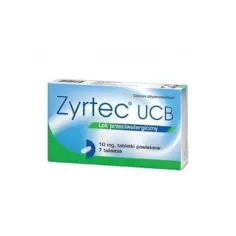 Opakowanie leku Zyrtec UCB z cetyryzyną, 7 tabletek powlekanych 10 mg. Lek przeciwalergiczny.