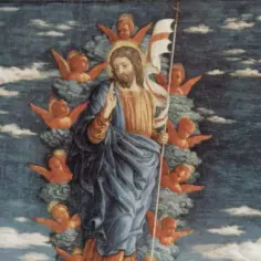 Wniebowstąpienie Pana Jezusa. Postać Jezusa w chwale, otoczona aniołkami, unosi się na tle błękitnego nieba z chmurami.