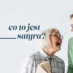 Dwie kobiety śmieją się, trzymając książki. Napis na zdjęciu: "co to jest satyra?".
