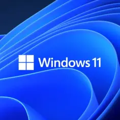 Logo Windows 11 na tle falujących, niebieskich kształtów. Czas na aktualizację systemu!