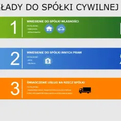 Wkłady do spółki cywilnej: własność (samochód, nieruchomość), inne prawa (akcje, obligacje) lub świadczenie usług (transport).
