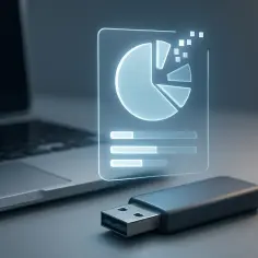 Jak usunąć zabezpieczenie przed zapisem na pendrive? Widok laptopa, pendrive'a i wirtualnego wykresu.