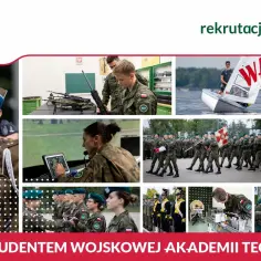 Kolaż zdjęć z życia Wojskowej Akademii Technicznej: studenci, ćwiczenia, uroczystości.