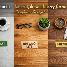 Trzy blaty biurka: laminat, lite drewno i fornir dębowy. Na każdym przedmioty biurowe i rośliny.
