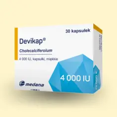 Opakowanie leku Devikap 4000 IU, wit. D na receptę, zawiera 30 kapsułek miękkich.