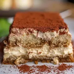 Pyszne tiramisu z warstwami kremu i biszkoptów do tiramisu, posypane kakao.
