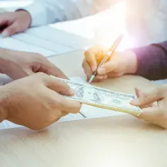 Dłonie przekazujące stos banknotów dolarowych, jedna osoba podpisuje dokument.