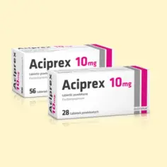 Dwa opakowania leku Aciprex 10 mg, jedno z 56, drugie z 28 tabletkami powlekanymi.