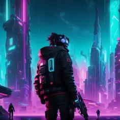 Cyberpunkowa noc w mieście 1080p. Postać w futurystycznym stroju z bronią stoi na tle neonowych drapaczy chmur.