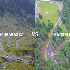 Dwie górskie drogi: Transfogaraska z serpentynami na skalistym zboczu i Transalpina wijąca się przez gęsty las.